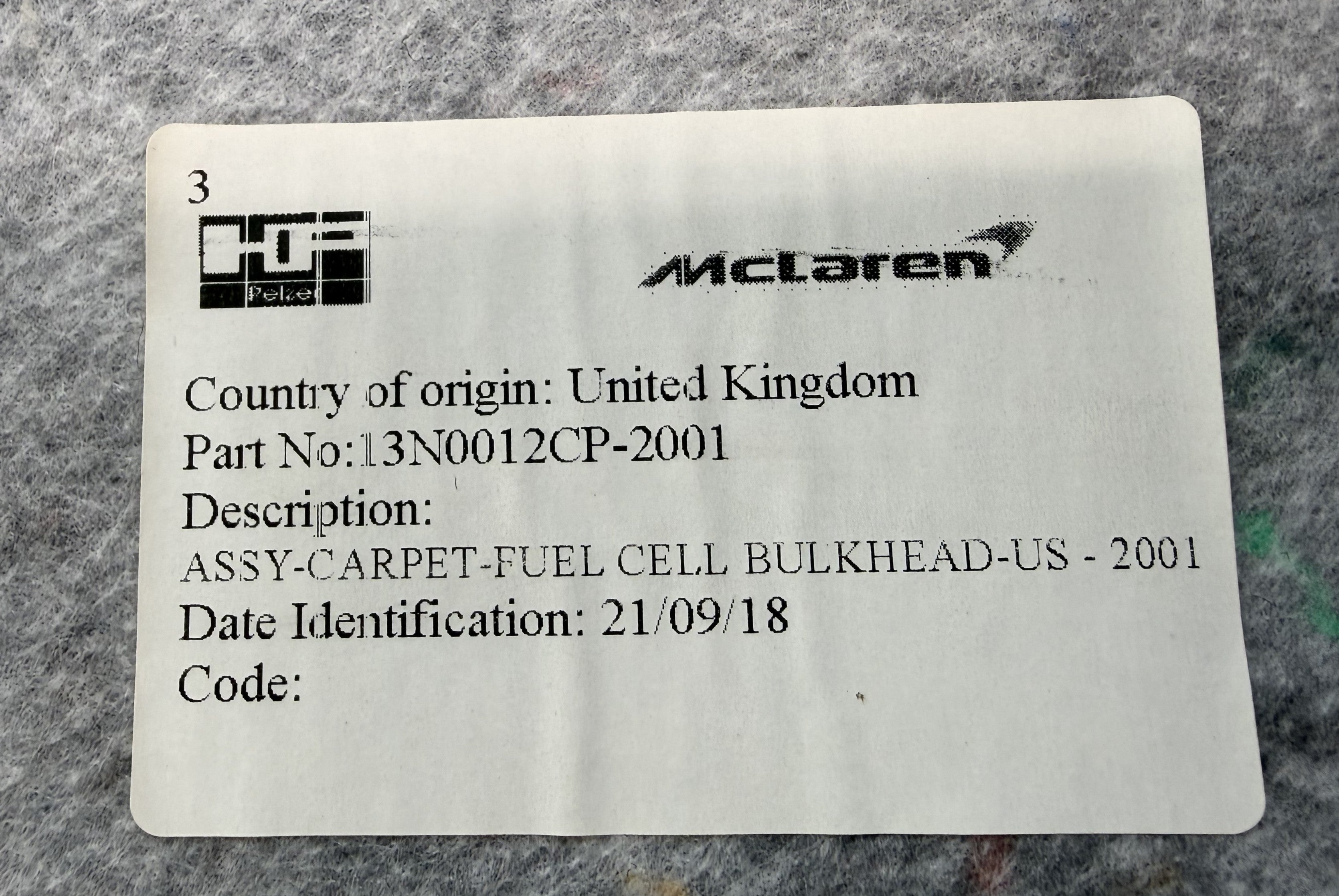 McLaren 540C 570S 570GT 600LT 2016-2021 Rear Bulkhead Carpet Panel OEM 13N0012CP