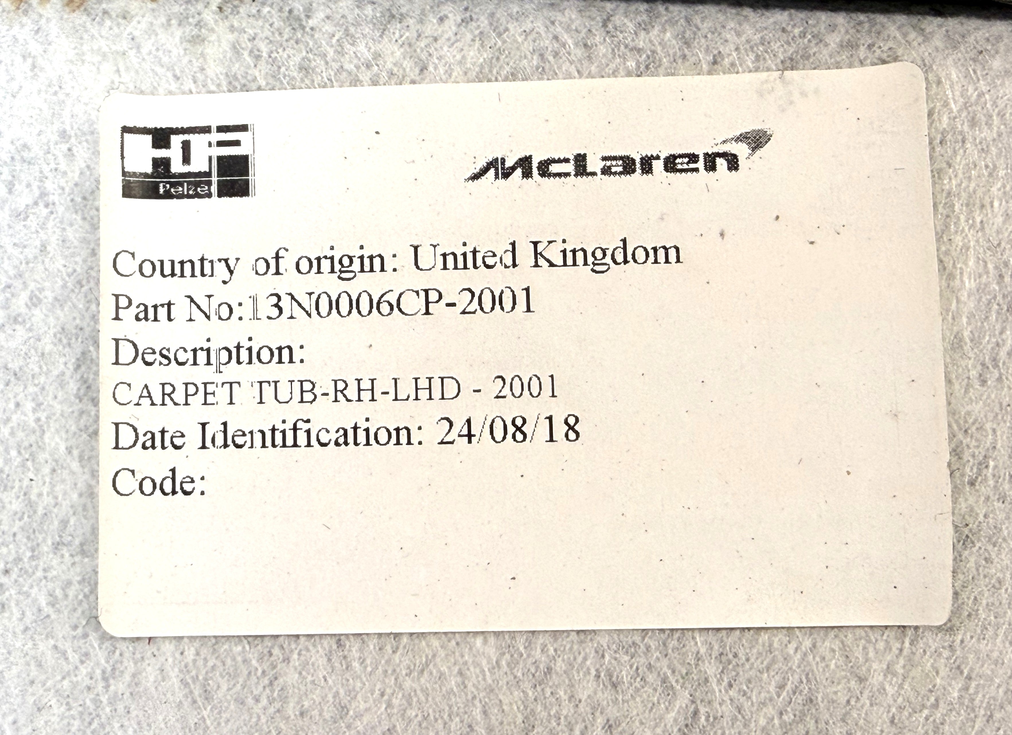 McLaren 540C 570S 570GT 600LT 2016-2021 RH Right Interior Carpet Tub Panel OEM 13N0006CP