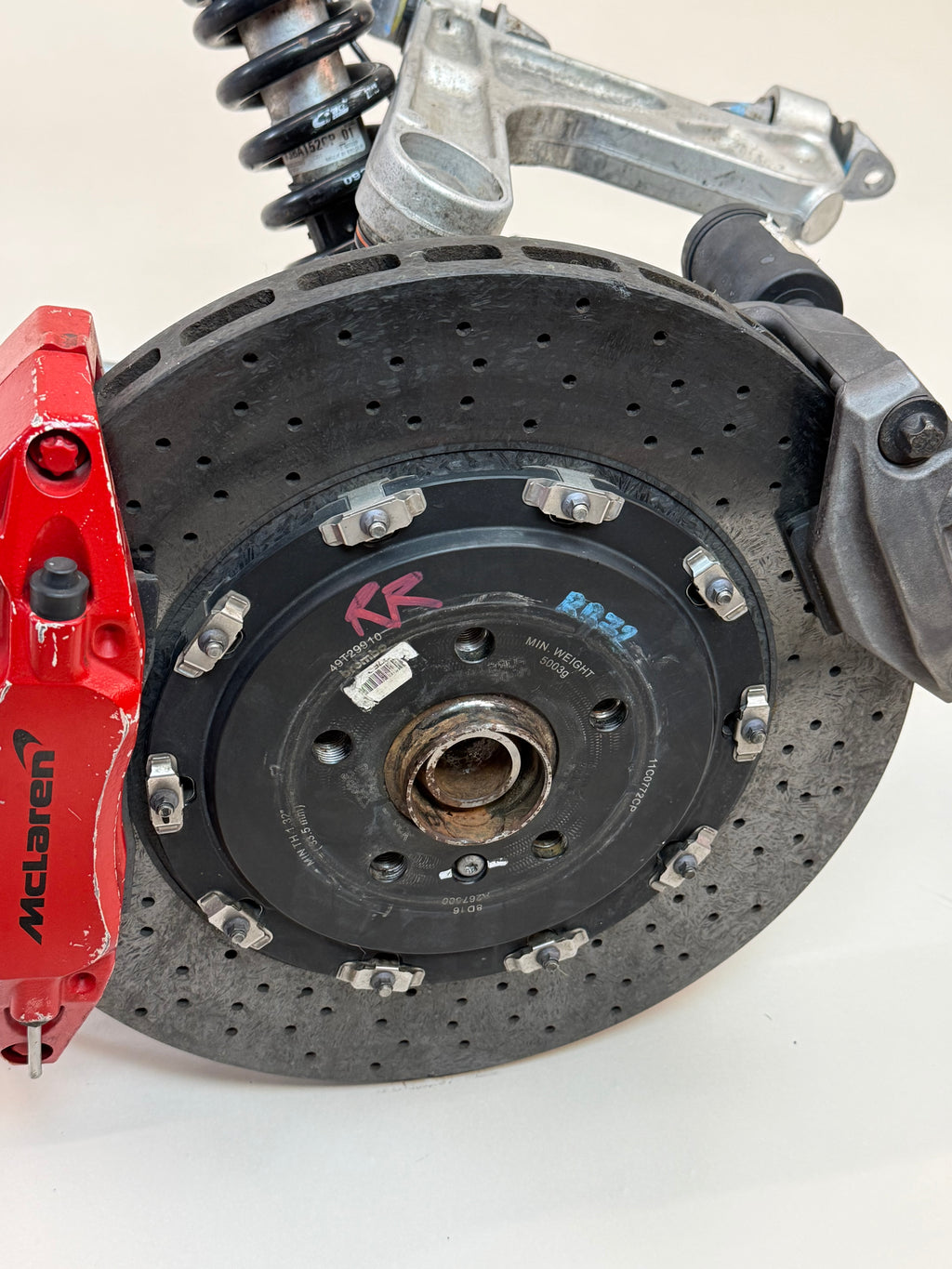 McLaren 570S Rear Left Suspension & Brake Assembly OEM | Carbon Ceramic Rotor Red Caliper Shock