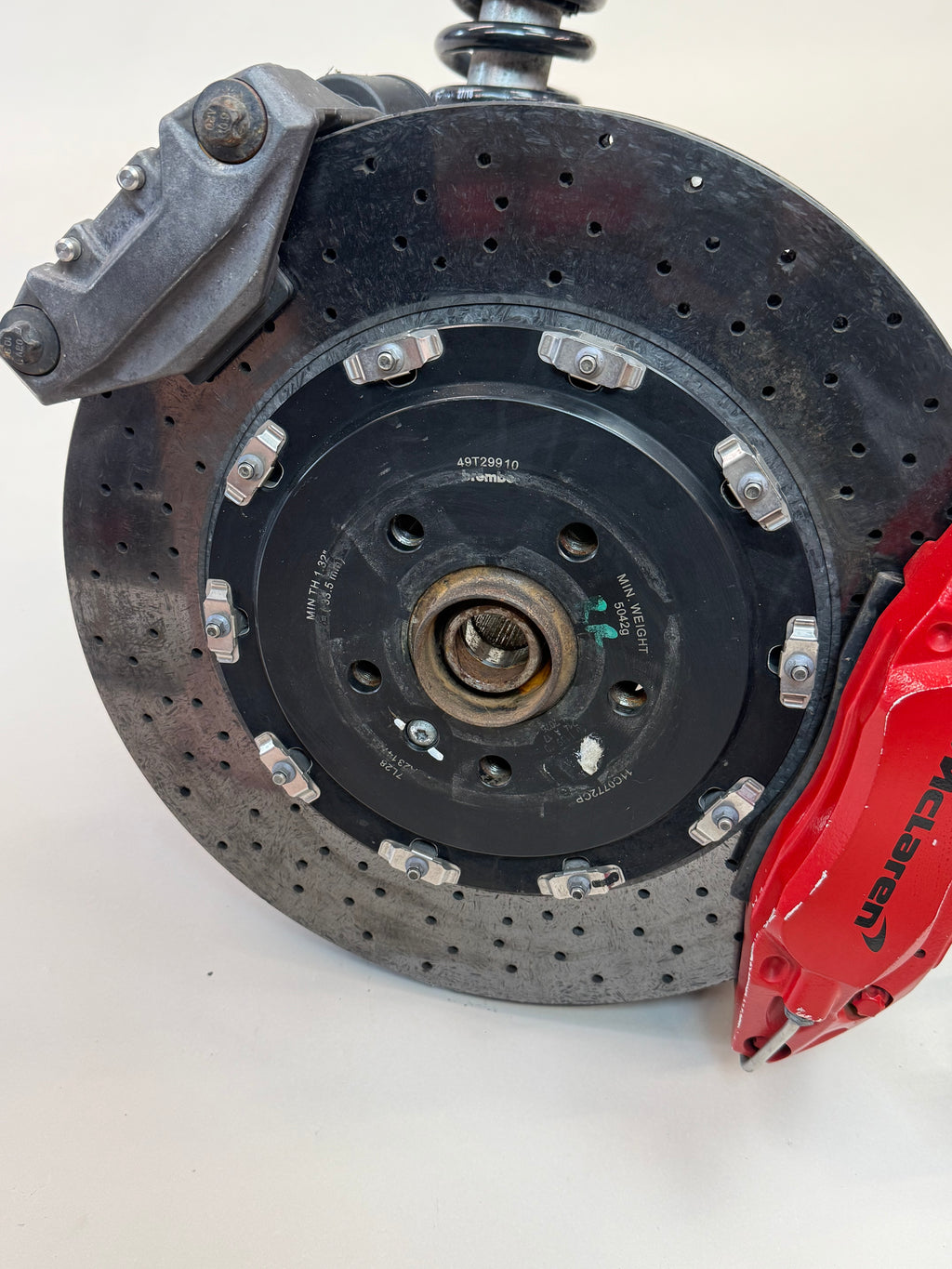 McLaren 570S Rear Right Suspension & Brake Assembly OEM | Carbon Ceramic Rotor Red Caliper Shock