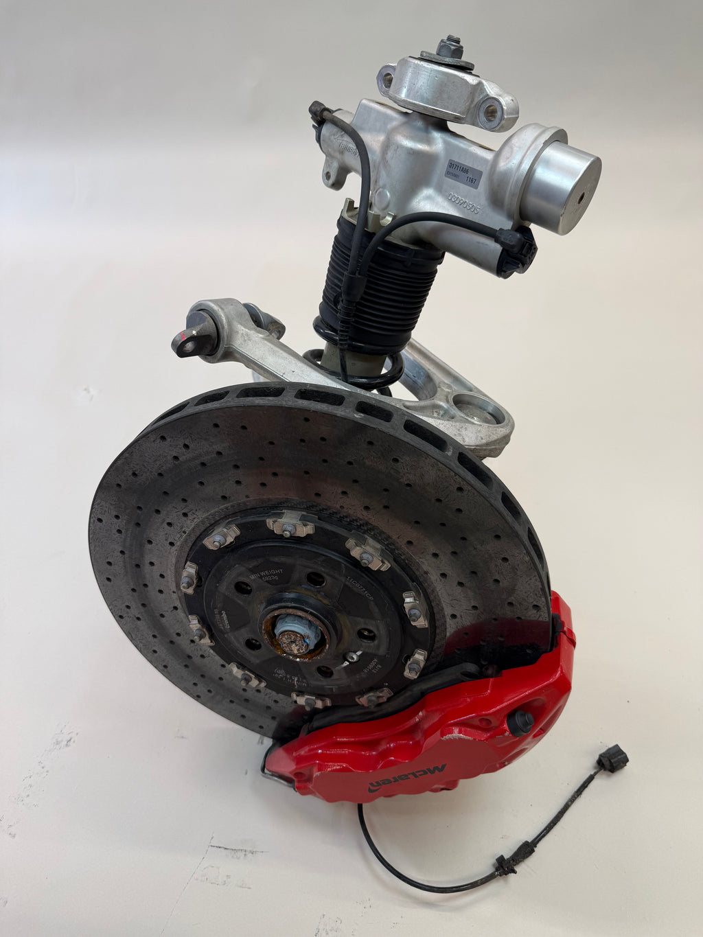 McLaren 570S Front Left Side Suspension & Brake Assembly OEM | Carbon Ceramic Rotor Red Caliper Shock