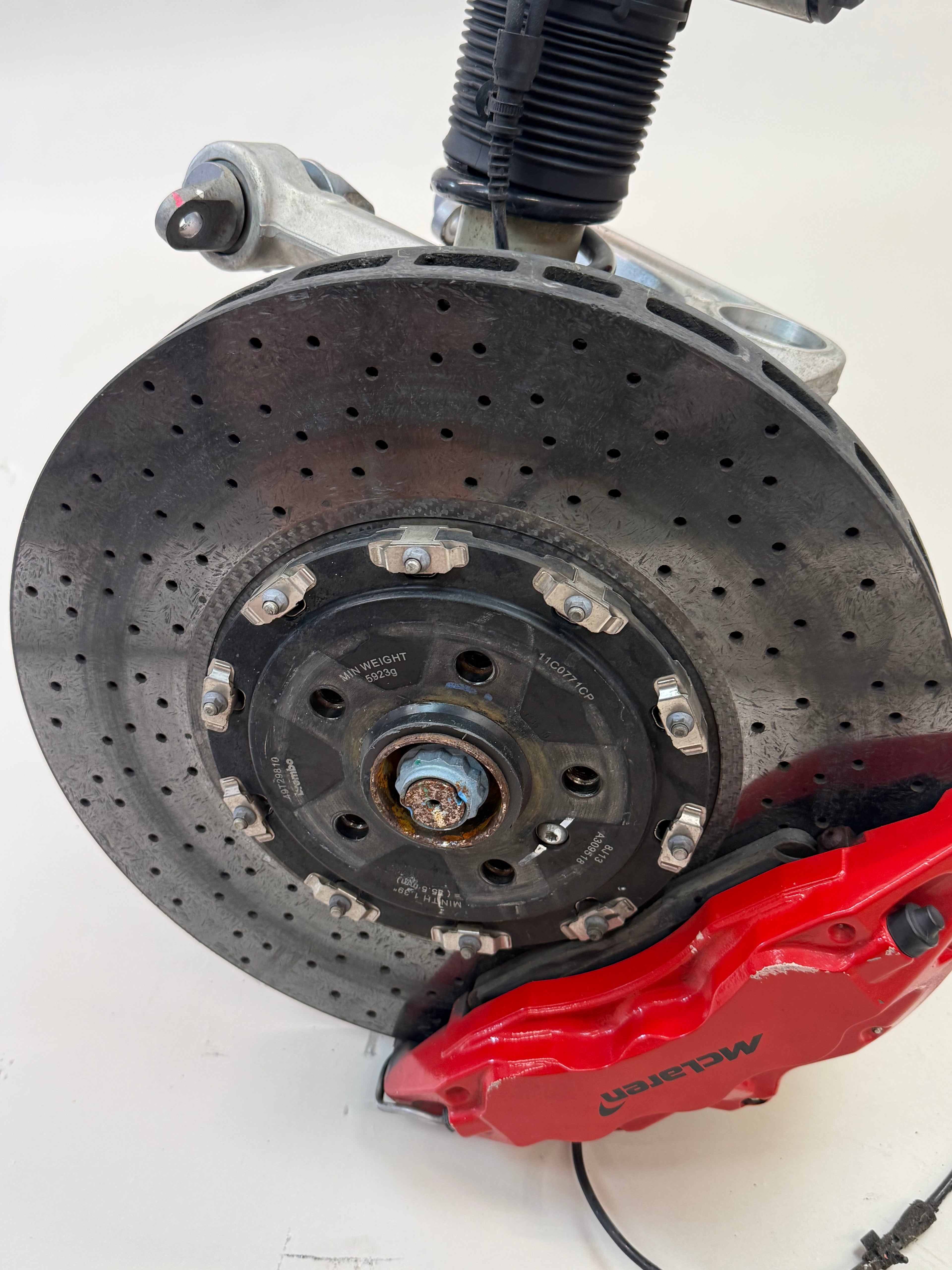 McLaren 570S Front Left Side Suspension & Brake Assembly OEM | Carbon Ceramic Rotor Red Caliper Shock