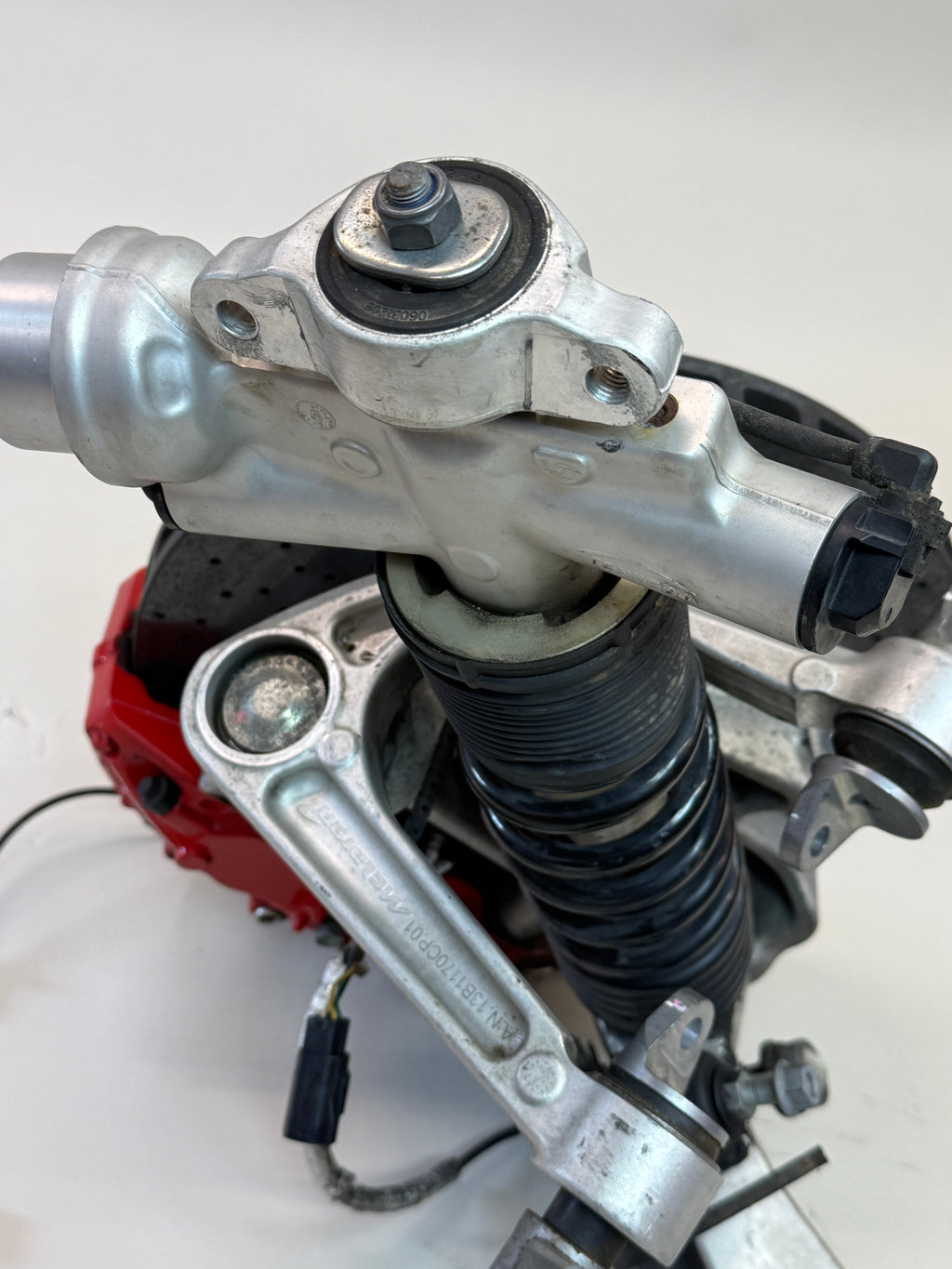 McLaren 570S Front Left Side Suspension & Brake Assembly OEM | Carbon Ceramic Rotor Red Caliper Shock