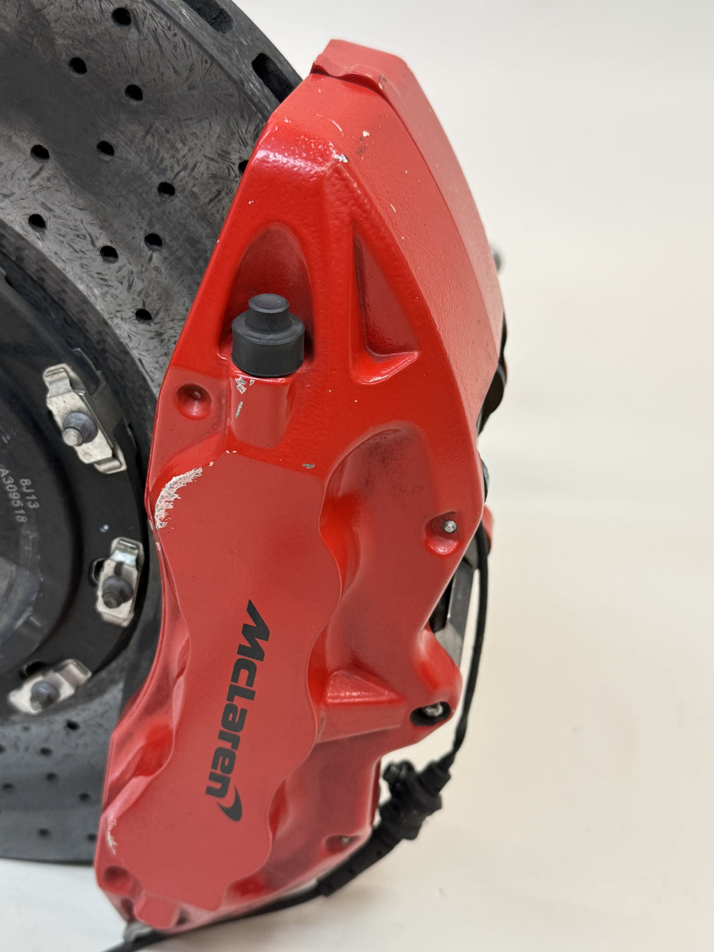 McLaren 570S Front Left Side Suspension & Brake Assembly OEM | Carbon Ceramic Rotor Red Caliper Shock
